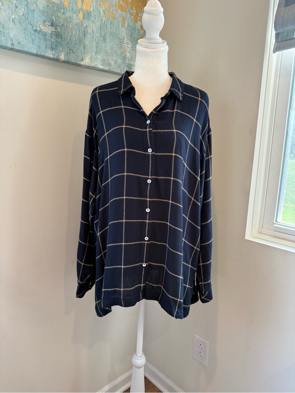 J. Jill Navy Windowpane Button-Down Shirt with Beige Grid